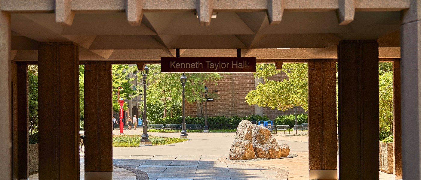 View through the archway at Kenneth Taylor Hall